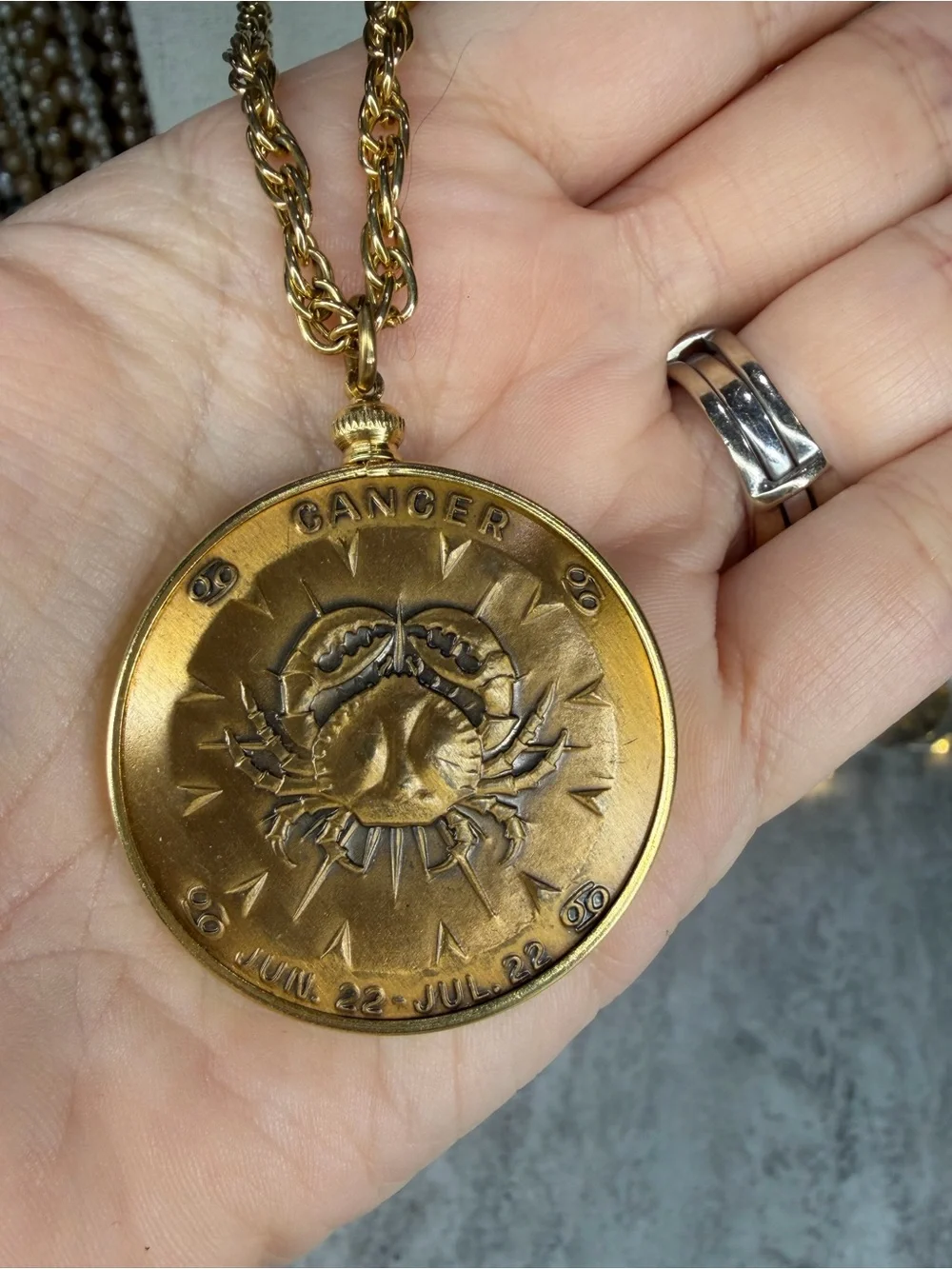 Vintage Cancer Zodiac Pendant Necklace Astrology Horoscope Jewelry Double Sided
